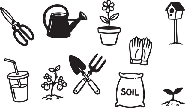 Gardening tools and plants for yard work and cultivation