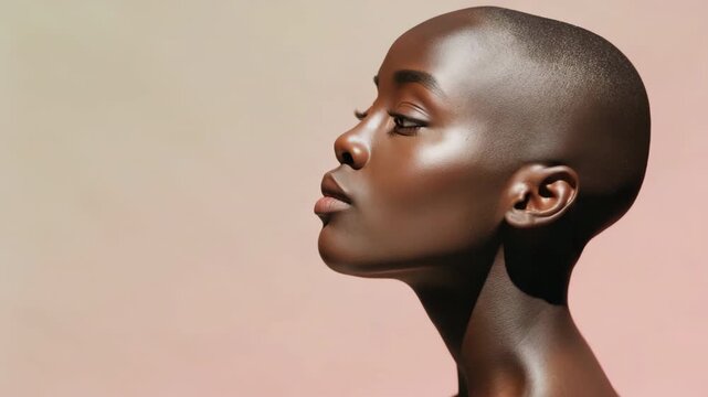 Female african adult portrait dark skin bald shaved head profile beauty model closeup glowing skin elegant gaze serene expression