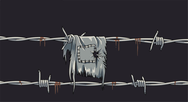 Tattered fabric snagged on barbed wire, suggestive of hardship and confinement