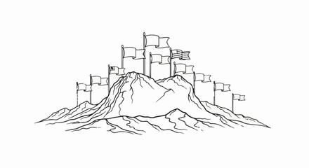 Fototapeta premium Stylized illustration of a mountain range adorned with numerous flags on peaks