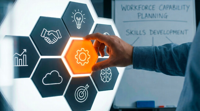 A person interacting with a futuristic skills development interface for workforce capability planning