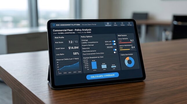 A tablet displaying a commercial fleet policy analysis on a wooden desk in a modern office