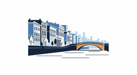 Naklejka premium Stylized cityscape with buildings, bridge over water, and distant skyscrapers