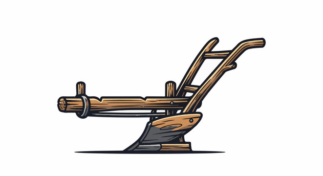 Rustic wooden plow with metal share, for historical farming scenes
