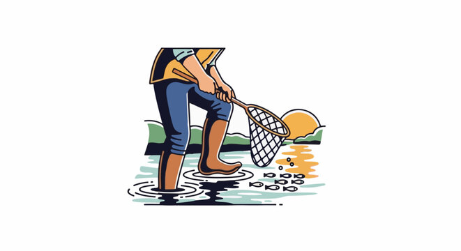 Person in waders and vest fishes with net in shallow water at sunset