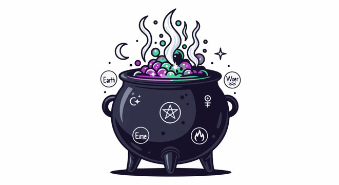 Pixel art of a witch's cauldron bubbling with magical potion and symbols