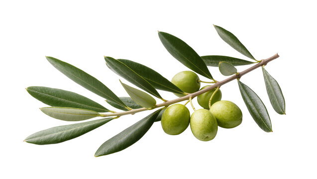 Green olive branch bearing five ripe green olives and slender leaves, isolated on transparent background for healthy food