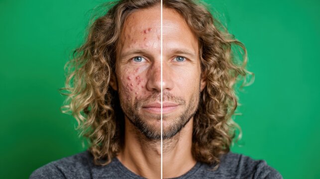 Transformation in caucasian male's skin pre and post treatment with green background