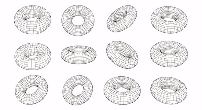 Wireframe Torus Shape Collection: 3D Geometric Models from Multiple Angles