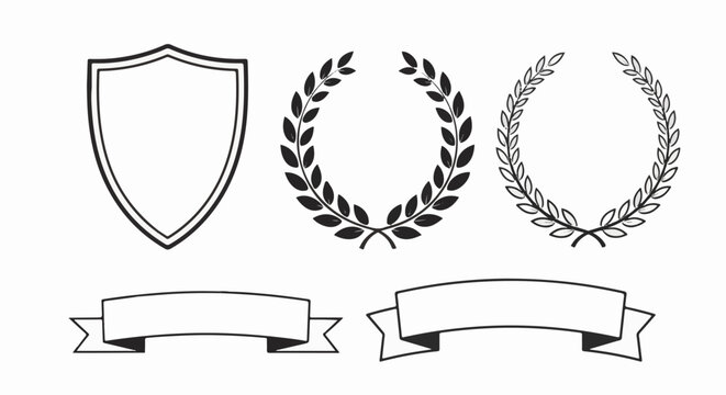 Shield, laurel wreaths, and banners on white background