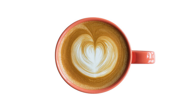 Latte coffee with heart-shaped foam art in a coral ceramic mug, isolated on transparent background