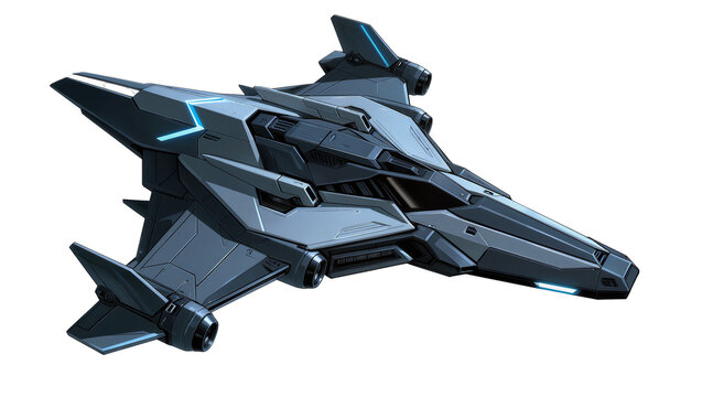 Sleek dark gray futuristic combat spaceship with glowing blue accents, isolated on transparent background for sci-fi use