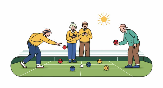 Elderly people playing bocce ball on a sunny day