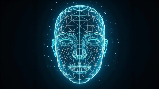 Glowing blue wireframe human face on black background &mdash; futuristic AI, biometric scanning, digital identity, and advanced facial recognition technology concept.