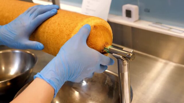 Close-up of a person's hands wearing a blue glove, using a large knife to slice a fresh, golden-brown, cylindrical Baumkuchen or tree ring cake as it rotates on a spit in a professional kitchen or bak