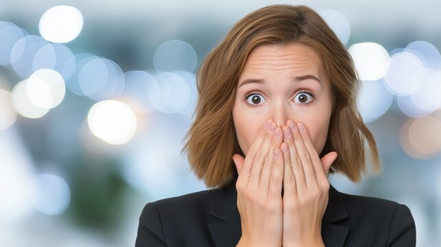 Surprised caucasian young adult female covering mouth with hands