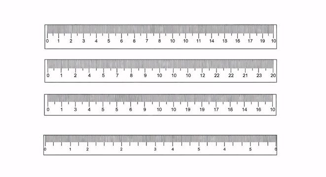 Four realistic metal rulers with precise metric scales in centimeters and millimeters, isolated on a white background. Versatile tools for education, design, and engineering.