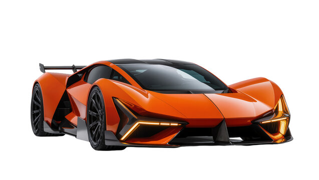 Dynamic orange futuristic hypercar with sharp lines amber lights, isolated on transparent background