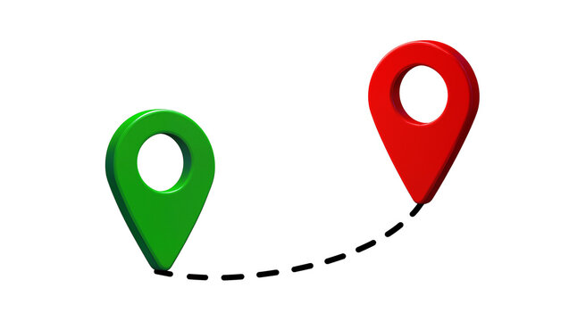 Green and red map pins connected by a dashed line symbolizing a route, isolated on transparent background