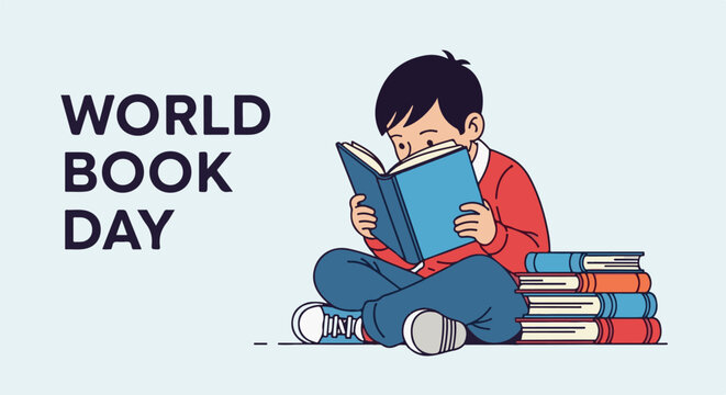 Young person sits cross-legged, engrossed in reading a book, surrounded by more books