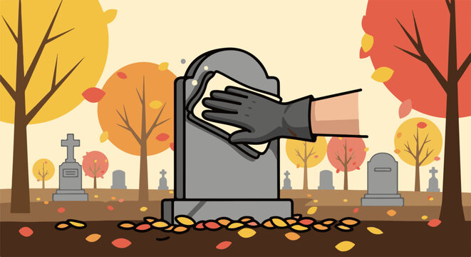 Autumnal cemetery cleanup hand in glove wipes tombstone amid falling leaves