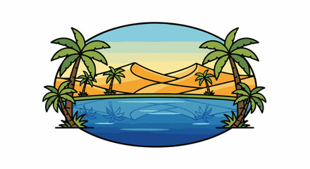 Fototapeta premium Oasis in a desert landscape with palm trees and a body of water