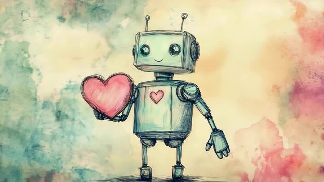 cute robot with heart sketch for valentines day illustrated animation