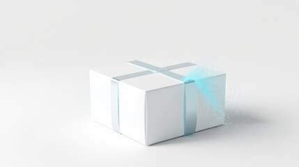 Fototapeta premium White gift box with silver ribbon. Light emanates from open corner, suggesting surprise or magic. Minimalist presentation, clean aesthetic.