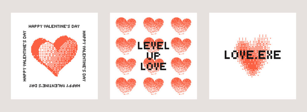 Set of pixel bitmap heart shapes with Valentine typography, modern graphic design. Romantic symbols with glitch effect on white background. Minimal poster collection for greeting, banner, print