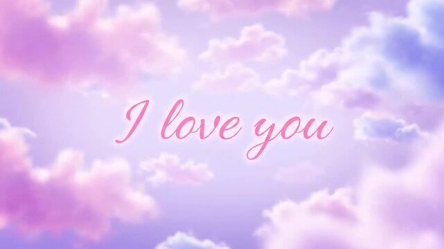 Pink text "I love you" over a soft, purple and pink cloudy sky background