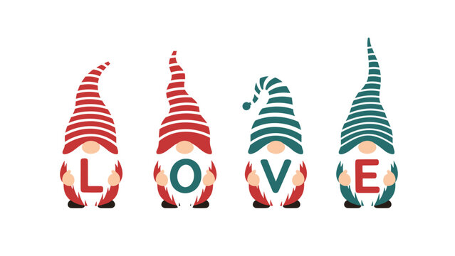 Four adorable Christmas gnomes wearing striped hats and standing in a row each holding a letter to spell out the word LOVE in festive colors.