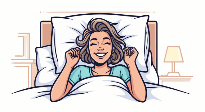 Woman happily wakes up in bed with a bright smile and hands raised