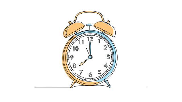 Continuous line drawing of a classic twin bell alarm clock with soft orange and blue color accents showing the time as eight o clock.