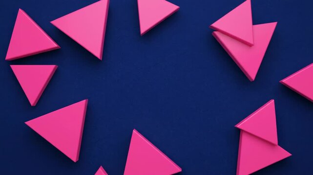 Pink triangles scattered on a dark blue background creating a frame