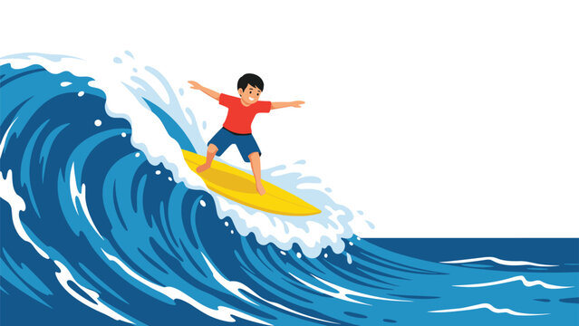 Dynamic vector illustration of a young boy surfing on a bright yellow board on top of a large blue ocean wave under a clear white sky.