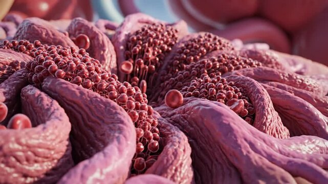 Detailed microscopic view of intestinal villi and microvilli, showcasing the intricate structures responsible for nutrient absorption in the human digestive system.