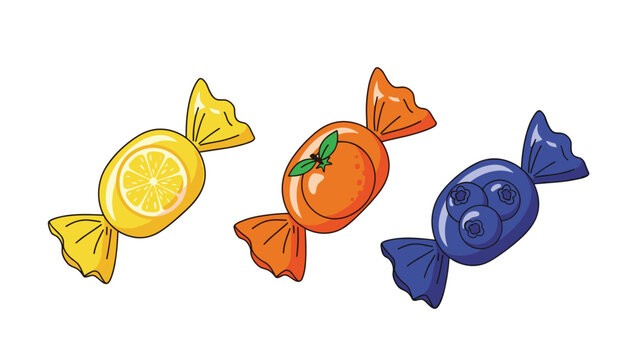 Three colorful wrapped hard candies featuring different fruit designs including a lemon an orange and blueberries on a plain white background.