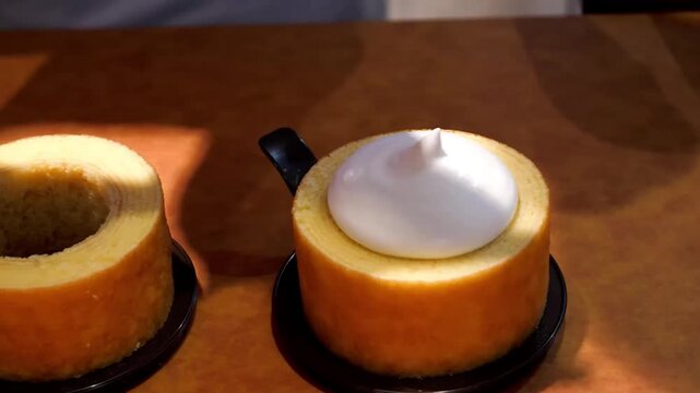 Close-up footage of a person's hands using a piping bag to fill the center of a small, golden-brown Baumkuchen cake with a smooth white filling, likely cream or frosting. The traditional German/Japane