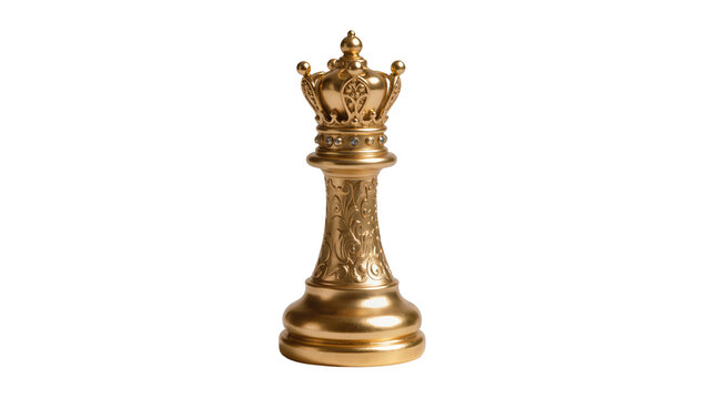 Detailed golden chess queen piece with an ornate crown symbolizing power, isolated on transparent background for strategy