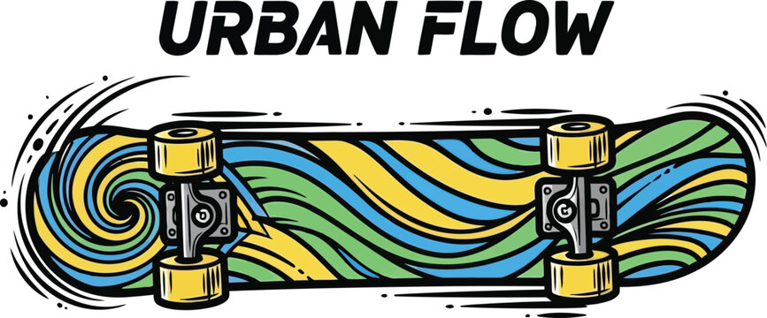 A colorful skateboard with a vibrant design and the words 'urban flow' on a white background