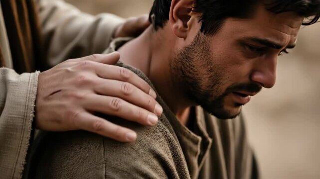 Compassionate hand comforting a sad man, religious support and spiritual guidance, christian concept with empathic gesture