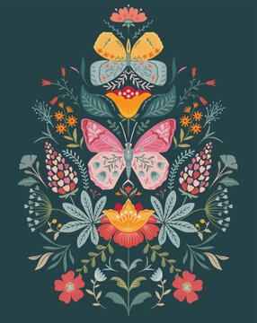 Vector Folk Nordic art posters template with insects and plants. Butterflies in flower ornament. Modern trendy minimal style. Hand drawn design for wall decor, print, postcard, cover, banner.