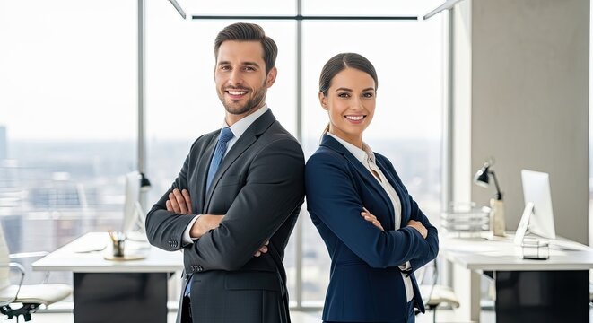 A confident man and a professional woman stand back-to-back in a modern office setting. They are both dressed in business attire, wearing suits and ties.