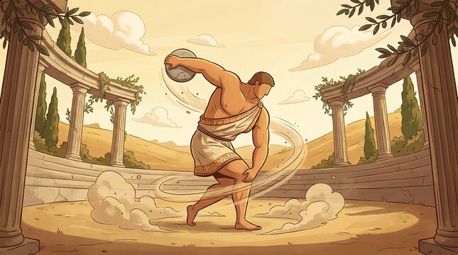 Discus Throw Athlete in Ancient Greek Stadium Illustration
