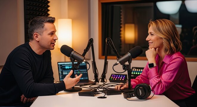 Two people are sitting at a table in a recording studio. A man is speaking into a microphone while a woman listens attentively, smiling.