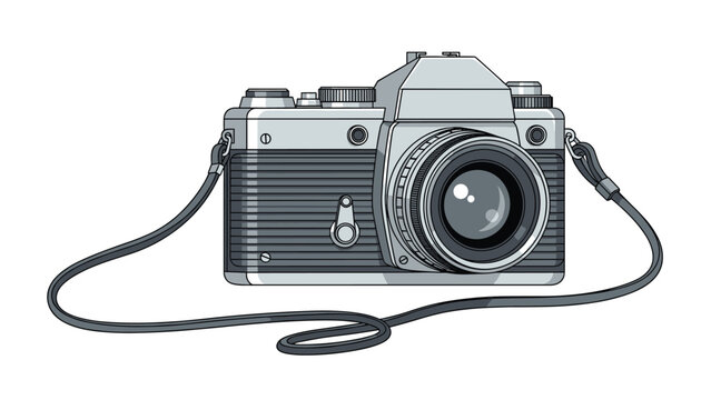 Detailed illustration of a vintage 35mm SLR film camera with a leather strap in shades of gray and black against a white background.