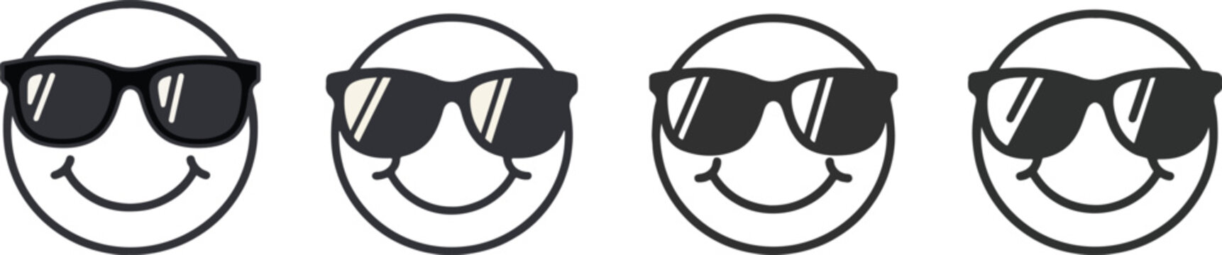 Cool emoji wearing sunglasses vector illustration. funny face with shades. black and white smiley isolated on transparent background.