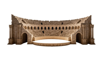 Ancient Roman stone amphitheater with tiered seating and arched entrances, isolated on transparent background © Lukas