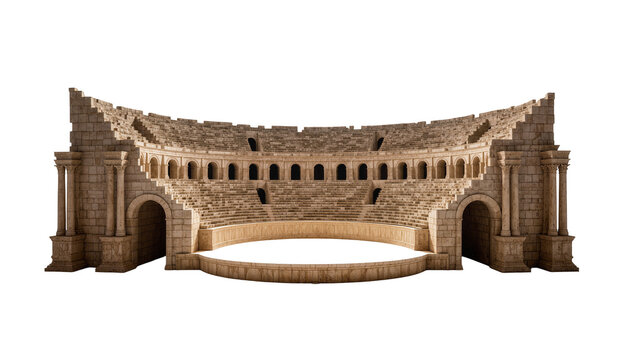 Ancient Roman stone amphitheater with tiered seating and arched entrances, isolated on transparent background