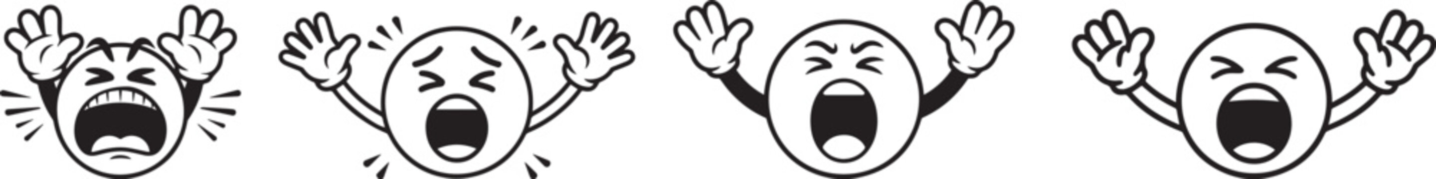 Screaming emoji face vector illustration. terrified and shocked facial expression. black and white character isolated on transparent background.